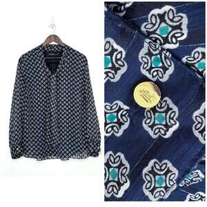 Lauren Ralph Lauren Tie-Neck Blouse Navy Geometric Print Sheer Long Sleeve 2X